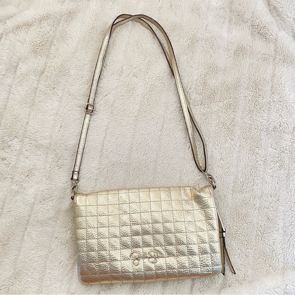 Jessica Simpson Gold Padded Quilted Crossbody Bag w/ Leopard Print Lining Y2k